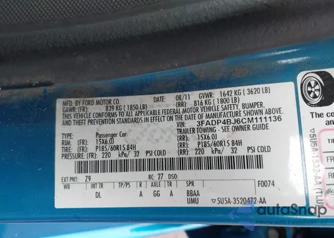 2012 Ford Fiesta Se из США, поврежденный, VIN 3FADP4BJ6CM111136